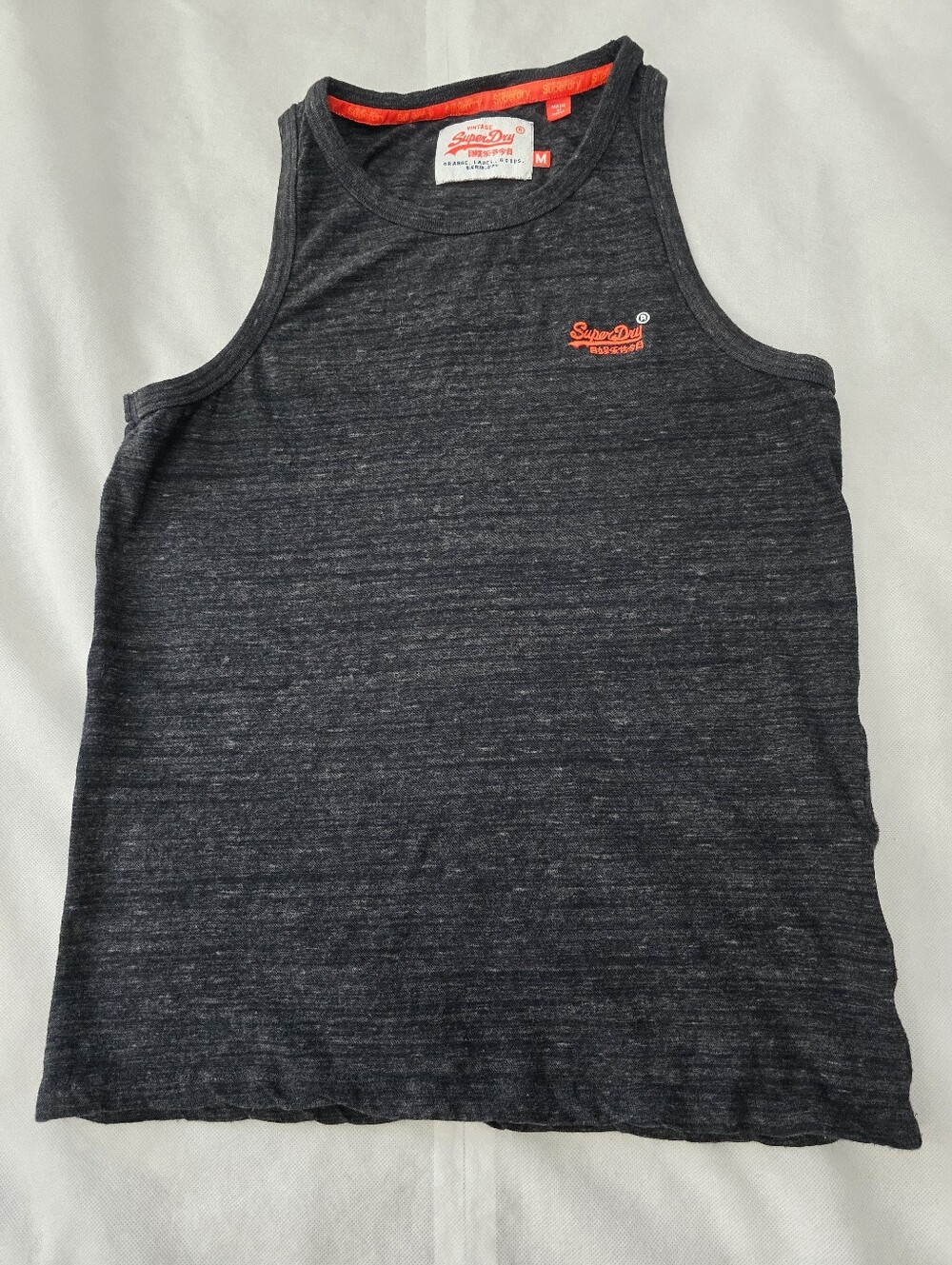 Superdry Men’s Dark Gray Tank Top with Orange Logo Trim Size M